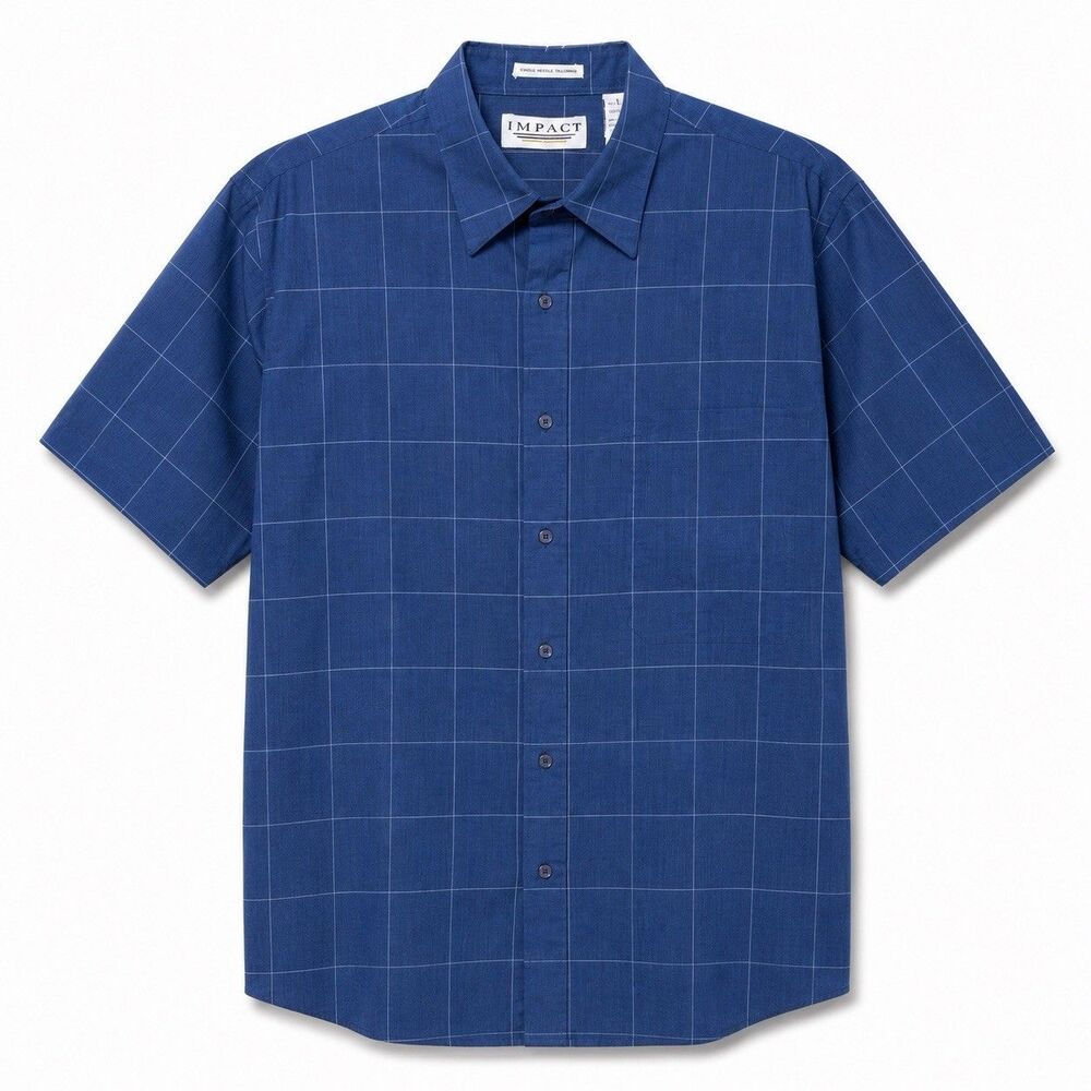 Impact Shirt Men's Large Blue Check Short Sleeve Button Front Pocket Casual NWOT